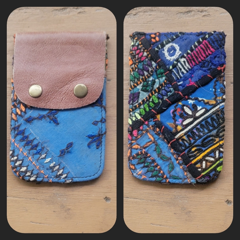 🧠🍳 Free People Boho Embroidered Repurposed vtg banjara hippie Wallet card case